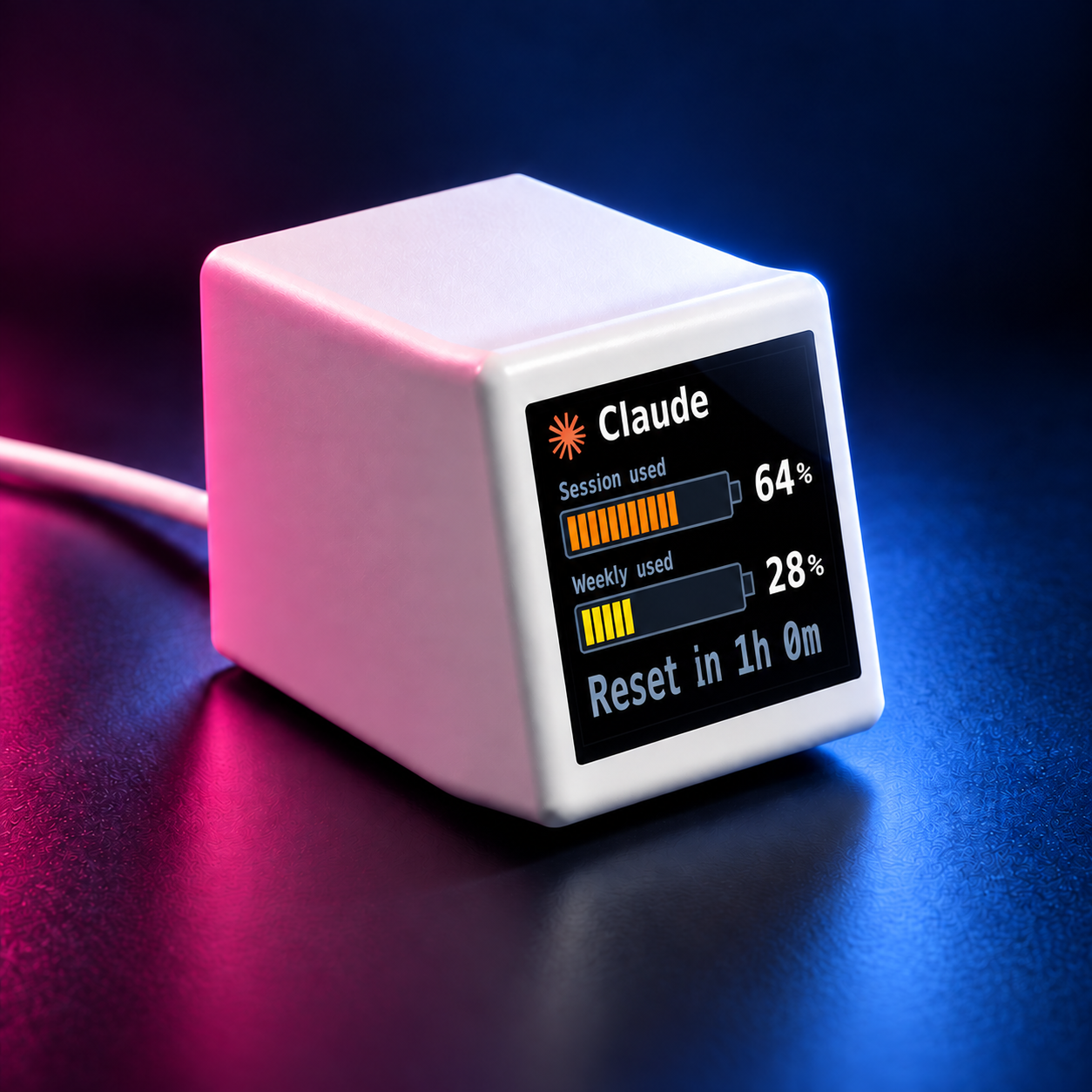 Close-up of VibeTV with the Pixel Battery theme showing Claude usage in pink and blue desk lighting