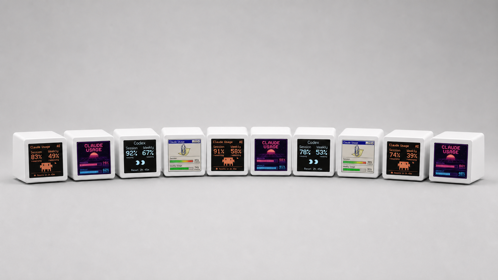 Ten VibeTV desk displays showing four different themes.