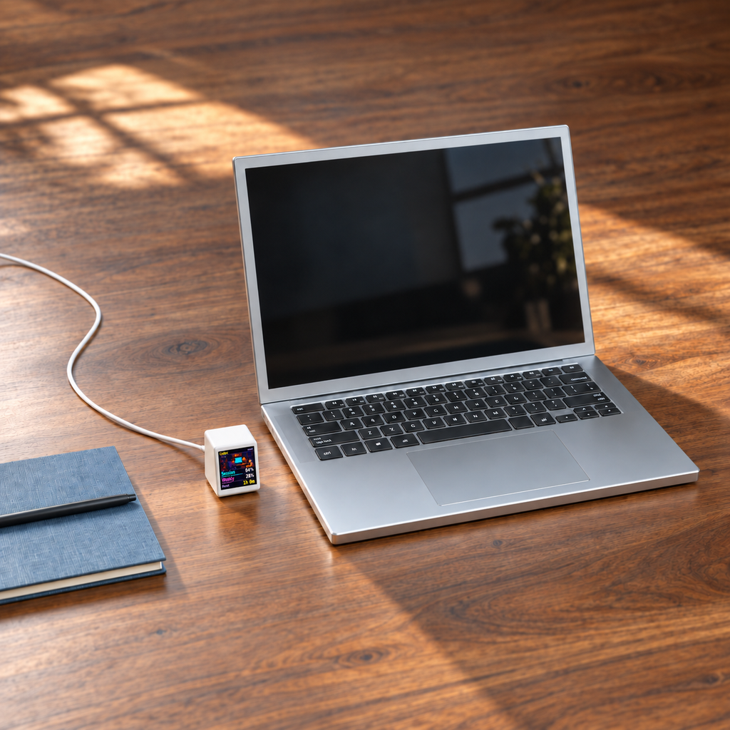 Small VibeTV with the Tiny Office theme showing Codex usage beside a full-size laptop on a daylight desk