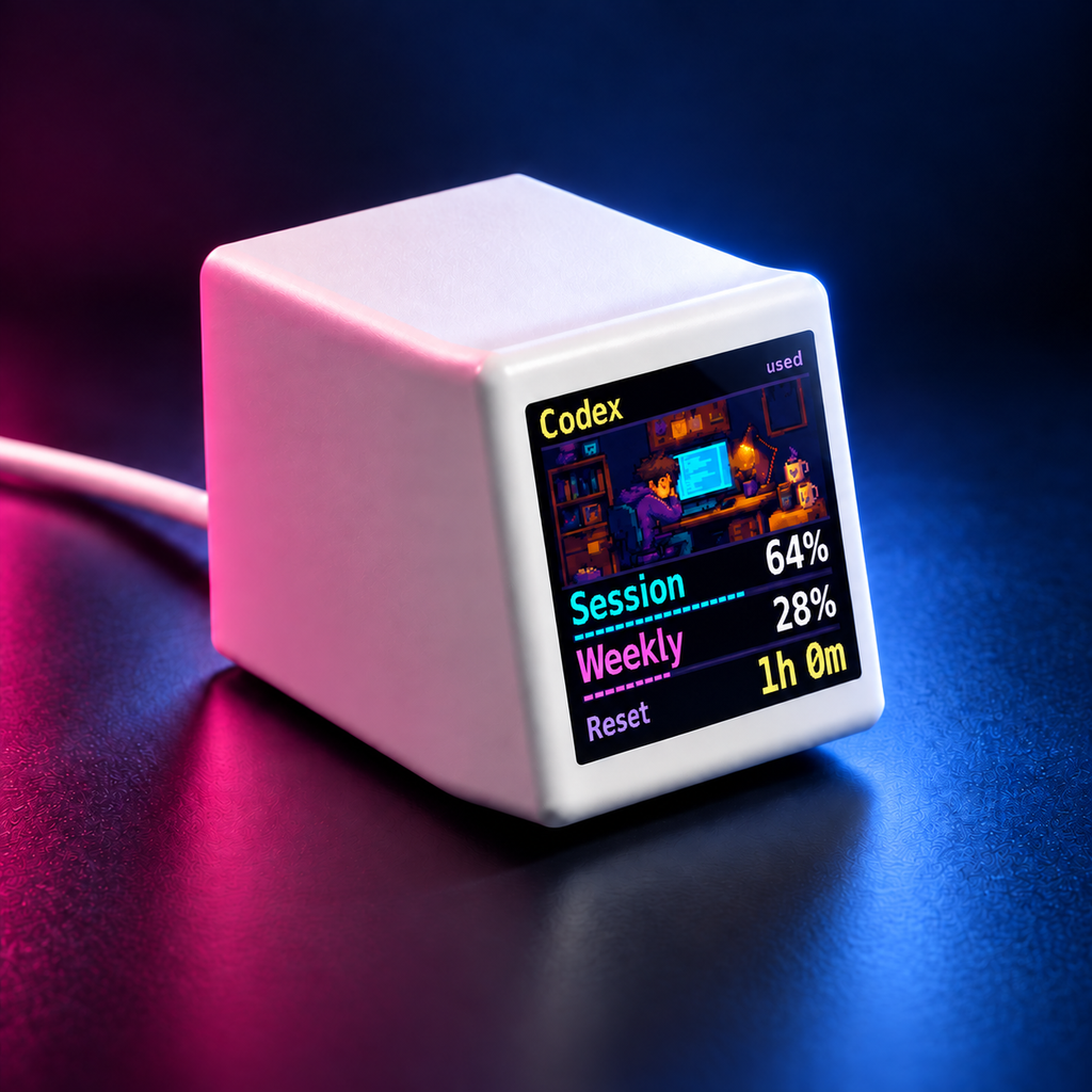 Close-up of VibeTV with the Tiny Office theme showing Codex usage in pink and blue desk lighting