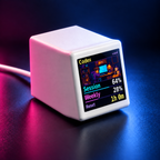 Close-up of VibeTV with the Tiny Office theme showing Codex usage in pink and blue desk lighting