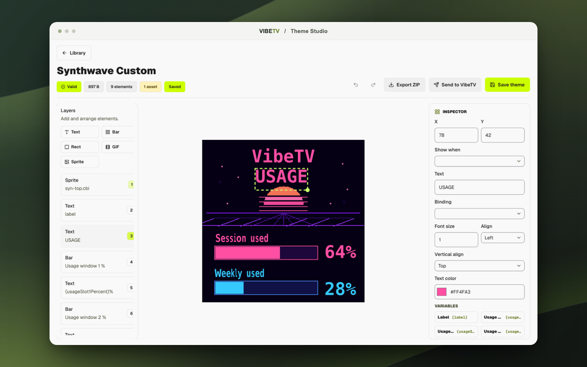 VibeTV Theme Studio editing the Synthwave theme, with layer and color controls.