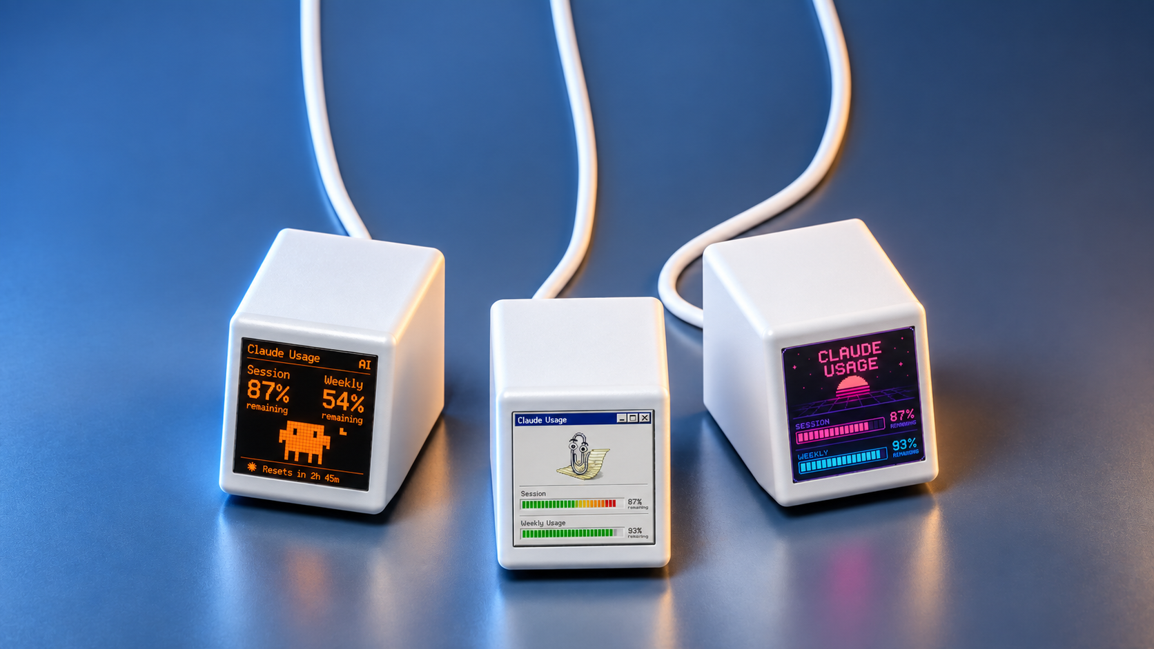 Three white VibeTV displays with Claude, Clippy and Synthwave themes in blue and amber studio lighting