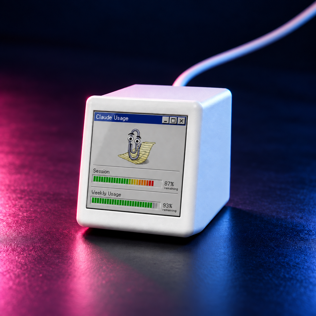Close-up of VibeTV with the Clippy theme in pink and blue desk lighting