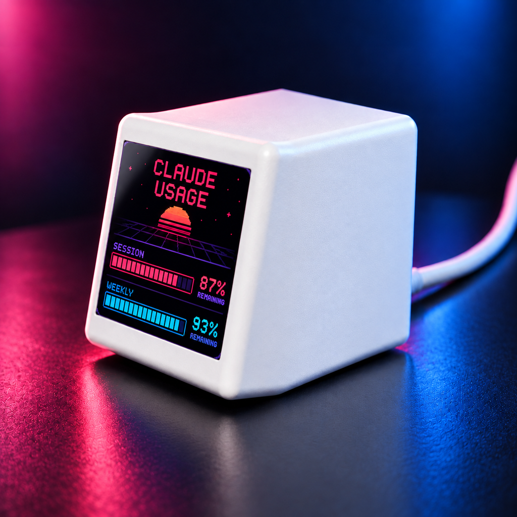 Close-up of VibeTV with the Synthwave theme in pink and blue desk lighting