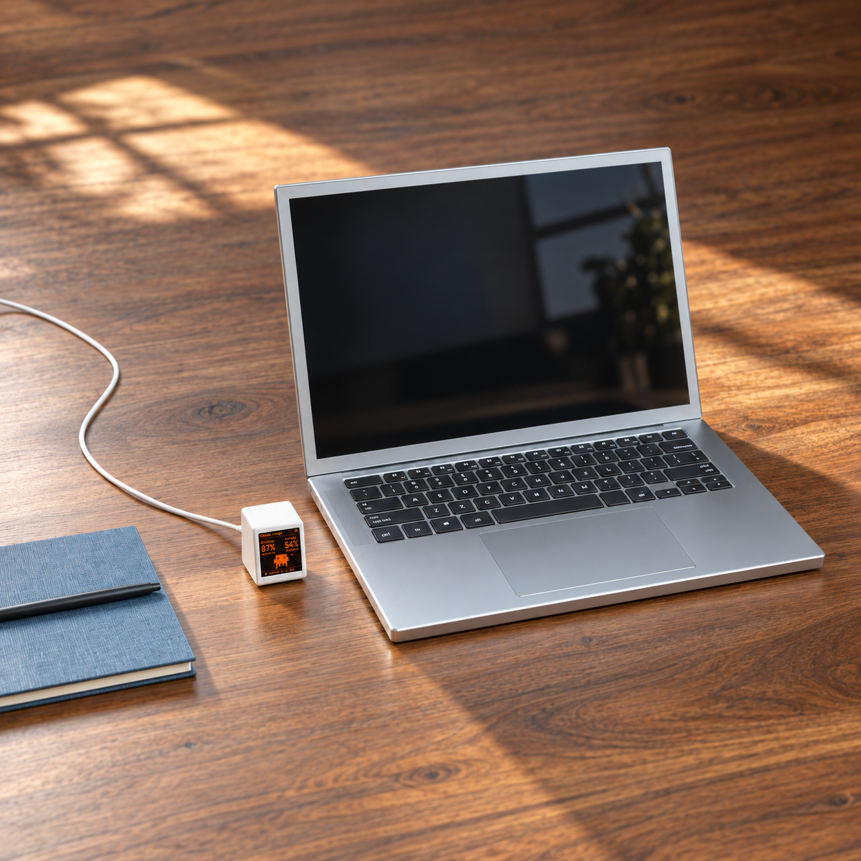 Small VibeTV with the Claude theme beside a full-size laptop, square daylight desk photo