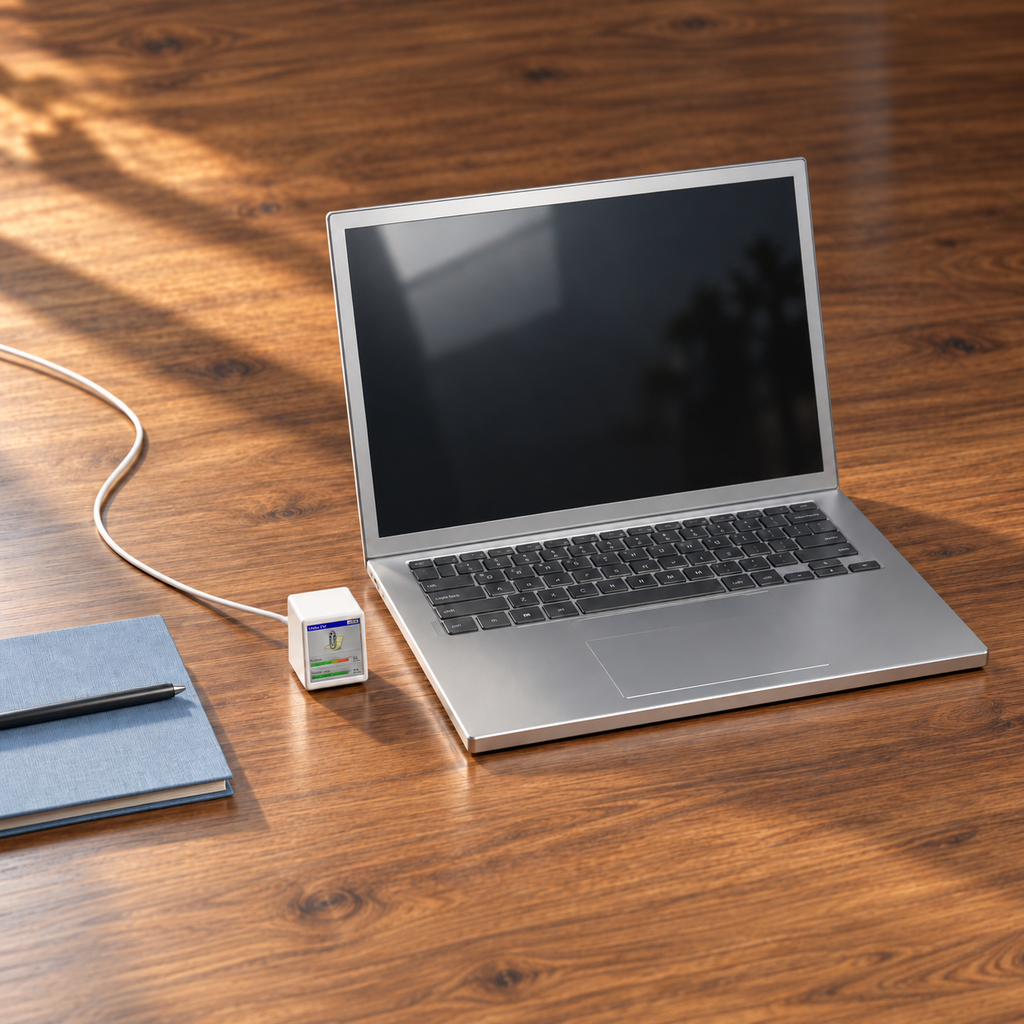 Small VibeTV with the Clippy theme beside a full-size laptop, square daylight desk photo