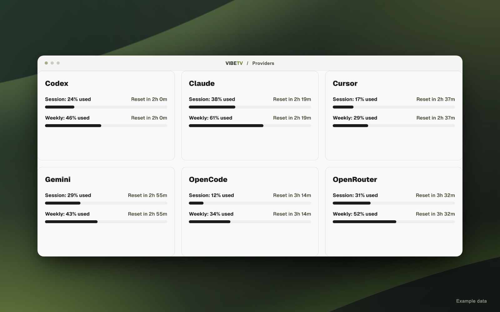 Six AI provider usage cards in VibeTV on a dark green background. Example data.