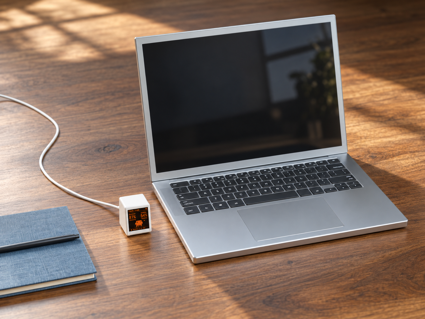 Small VibeTV with the Claude theme beside a full-size laptop for scale