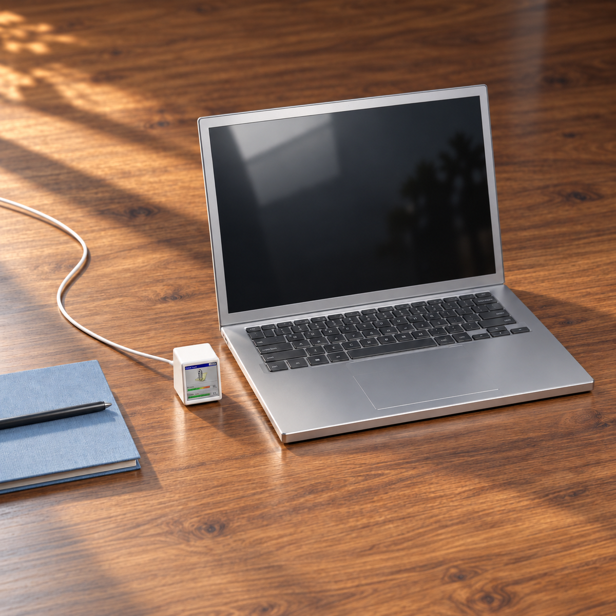 Small VibeTV beside a Mac in a square desk setup; the display connects over Wi-Fi